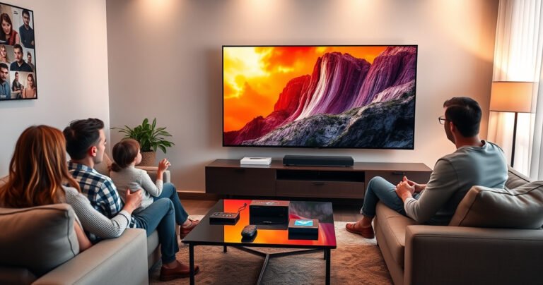 A sleek, modern living room showcasing a large smart TV displaying vibrant, high-definition imagery. Surrounding the TV are cozy furniture, a coffee table adorned with tech gadgets, and soft ambient lighting. A family enjoys movie night together, highlighting features like streaming apps and voice control, emphasizing comfort and cutting-edge technology in a stylish setting.