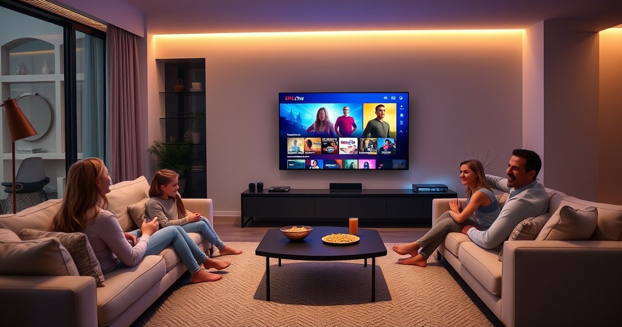 A sleek modern living room with a large Smart Fire TV displaying vibrant streaming content, cozy furniture, soft ambient lighting, and a stylish coffee table with snacks. A family enjoys movie night together, laughter in the air, while smart home devices subtly blend into the decor, illustrating the future of entertainment and technology at home.