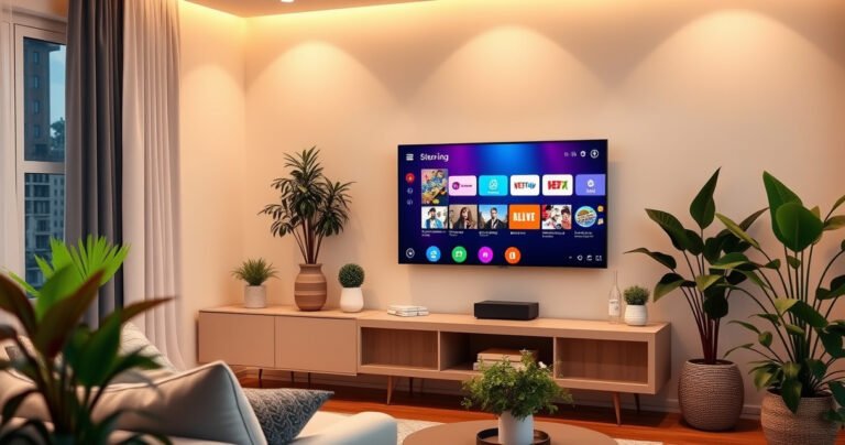 A cozy living room featuring a sleek, ultra-compact smart TV mounted on a minimalist wall unit, surrounded by vibrant indoor plants, a comfortable sofa, and warm ambient lighting, showcasing a colorful streaming menu on the screen, blending modern technology with inviting home decor.