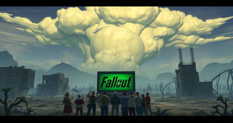 A futuristic wasteland with crumbling buildings, mutated plants, and a glowing TV screen displaying the Fallout logo. A group of excited fans huddles around the screen, their expressions a mix of anticipation and nostalgia, while a large, ominous storm cloud looms overhead, casting dramatic shadows on the desolate landscape.