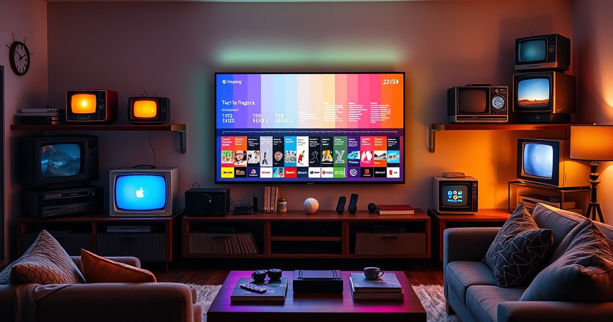 A modern living room with a sleek smart TV displaying a timeline of technological advancements, surrounded by retro television models from different decades, vibrant colors highlighting each era, a cozy couch adorned with pillows, soft ambient lighting, and a stylish coffee table with gadgets and books about tech history, evoking a sense of nostalgia and innovation.