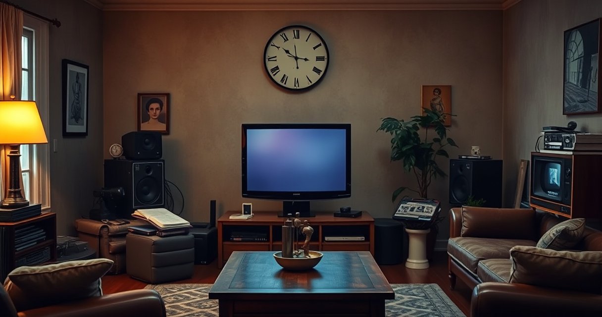 A sleek, vintage living room from the late 1990s, featuring an early smart TV with a retro design, surrounded by nostalgic decor like old VHS tapes and a classic wooden coffee table. Soft warm lighting enhances the cozy atmosphere, while a wall clock ticks gently in the background, symbolizing the evolution of technology over time.
