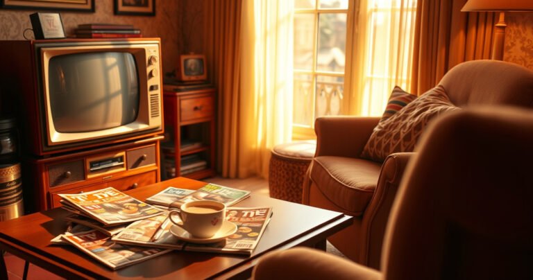 A cozy living room with a vintage TV, scattered TV Guide magazines on a coffee table, a steaming cup of tea beside them, soft golden light filtering through a window, and a plush armchair invitingly positioned, creating a warm atmosphere that evokes nostalgia and the joy of discovering the perfect TV Guide issue.
