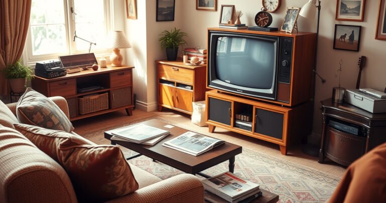 A cozy living room featuring a classic, retro non-smart TV with a warm wooden finish, surrounded by vintage decor. A plush, inviting couch and a coffee table stacked with magazines invite relaxation, while a sunny window casts soft light, giving the scene a nostalgic and homey atmosphere perfect for an article about non-smart TV options.