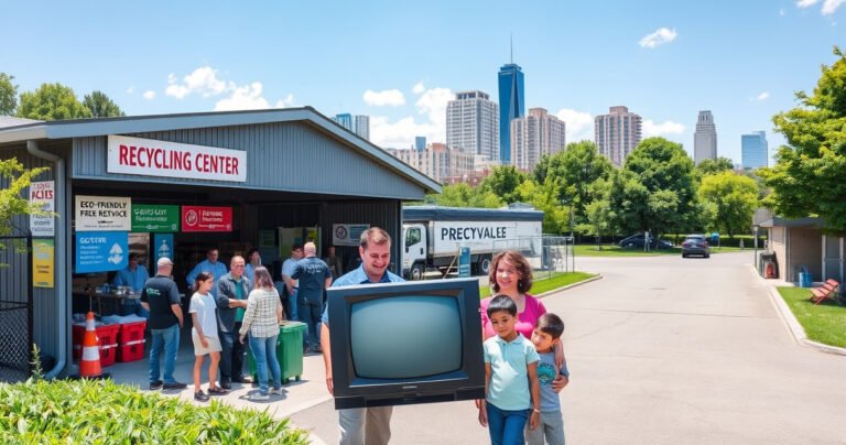 A vibrant cityscape with a recycling center bustling with people, colorful signs promoting eco-friendly disposal, a friendly staff member guiding a family with an old TV, lush greenery surrounding the facility, and clear blue skies overhead, conveying a sense of community commitment to sustainability and safe recycling.