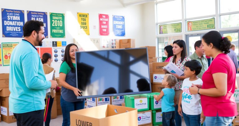 A vibrant community center bustling with activity, colorful posters promoting donation drives on the walls, a friendly volunteer receiving a flat-screen TV from a smiling donor. Nearby, families discuss various charities, surrounded by boxes and bins labeled with local organizations. Sunlight streams through large windows, creating a warm, welcoming atmosphere of giving and community spirit.
