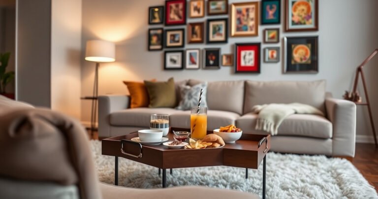 A cozy living room featuring a stylish, elegant TV tray adorned with snacks and a refreshing drink, surrounded by a warm glow from a nearby lamp. On the wall, a vibrant assortment of framed art adds character. A comfortable couch and a soft rug complete the inviting atmosphere, emphasizing the convenience of TV trays in modern living spaces.