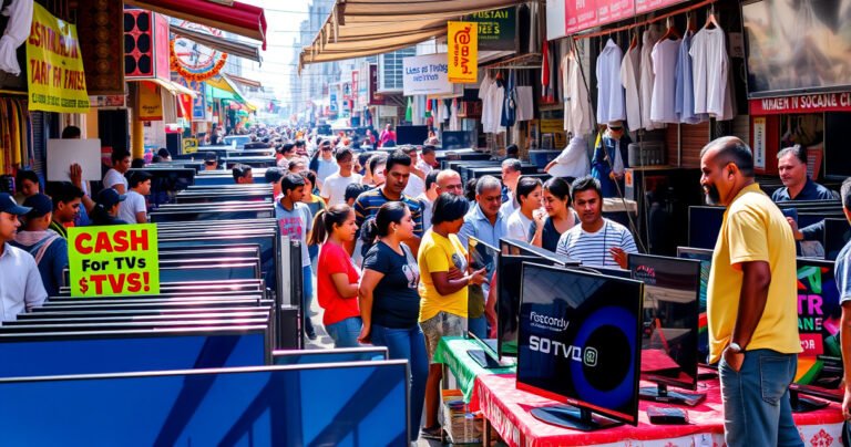 A bustling urban marketplace filled with diverse vendors, showcasing shiny flat-screen TVs prominently displayed on colorful tables. Energetic shoppers haggle enthusiastically, and a bright "Cash for TVs!" sign catches the eye. Sunlight pours down, highlighting the sleek screens reflecting the vibrant atmosphere, while a friendly seller chats with a potential buyer, conveying an air of excitement and opportunity.