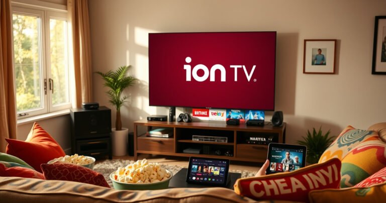 A cozy living room with a large flat-screen TV displaying the Ion TV logo, surrounded by popcorn bowls and streaming devices, sunlight streaming through a window, a comfortable sofa with colorful cushions, and a digital tablet showing various streaming options. The atmosphere feels inviting and relaxed, perfect for a movie night at home.