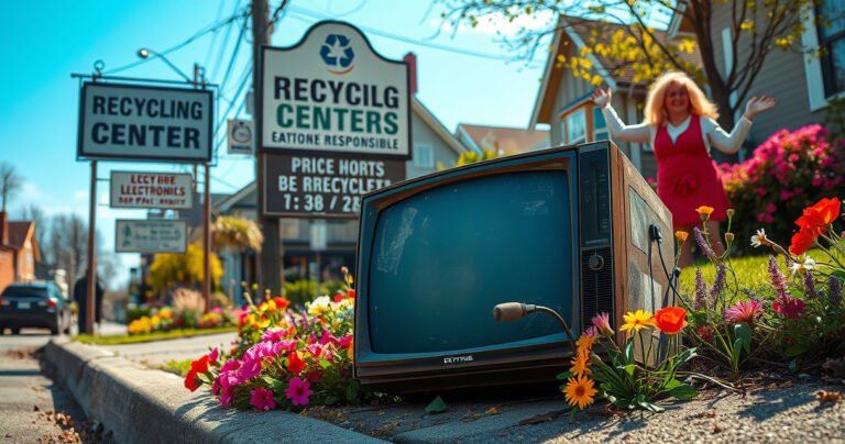An old, dusty television sits on a curb surrounded by vibrant spring flowers, with a picturesque neighborhood in the background. Nearby, a cheerful recycling center sign shines under a bright blue sky, while a friendly volunteer waves, inviting passersby to recycle their electronics responsibly. The scene captures a blend of nostalgia and hope for eco-friendly solutions.