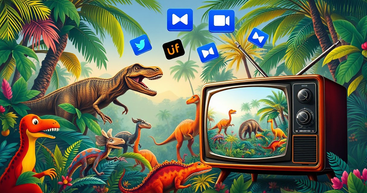 A vibrant, lush prehistoric jungle filled with colorful dinosaurs of various species, from a towering T. rex to playful triceratops, all surrounded by tropical foliage. In the foreground, a vintage television set displays a scene from a classic dinosaur show, glowing with nostalgia, while streaming icons float above, symbolizing modern viewing options.