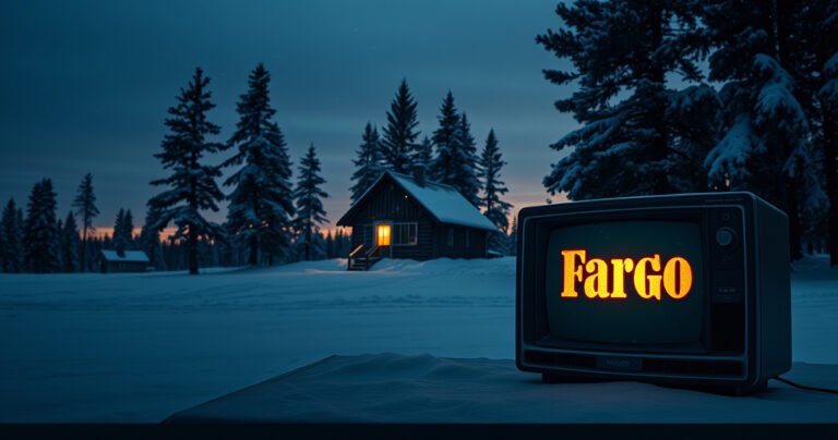 A snowy Minnesota landscape at dusk, with a small, dimly-lit cabin nestled among tall pine trees. A flickering light in the window casts shadows, while snowflakes gently fall, creating a serene yet mysterious atmosphere. In the foreground, a vintage television set displays the iconic "Fargo" logo, inviting viewers into the world of the show.