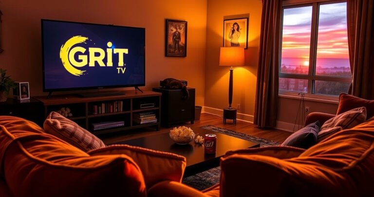 A cozy living room scene featuring an inviting couch with popcorn and soda on a coffee table, a flat-screen TV displaying the Grit TV logo, warm lighting, a cat lounging nearby, and a window showing a vibrant sunset, creating a comfortable atmosphere for enjoying free entertainment.