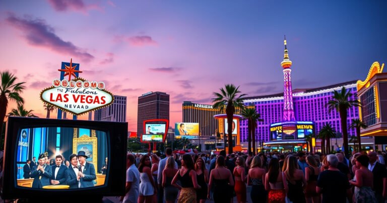 A vibrant Las Vegas skyline at dusk, neon lights illuminating the iconic Strip, with a vintage TV set in the foreground displaying glimpses of classic Vegas shows. A lively crowd of people, dressed in glamorous outfits, mingles and enjoys the energy, while palm trees sway gently against a backdrop of a sparkling sunset.