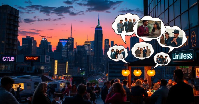 A vibrant, bustling city skyline at twilight, with glowing neon signs of streaming platforms illuminating the streets. In the foreground, a cozy coffee shop with patrons eagerly discussing the Limitless TV series, surrounded by whimsical thought bubbles filled with scenes from the show. The atmosphere is electric, blending urban life with cinematic excitement.