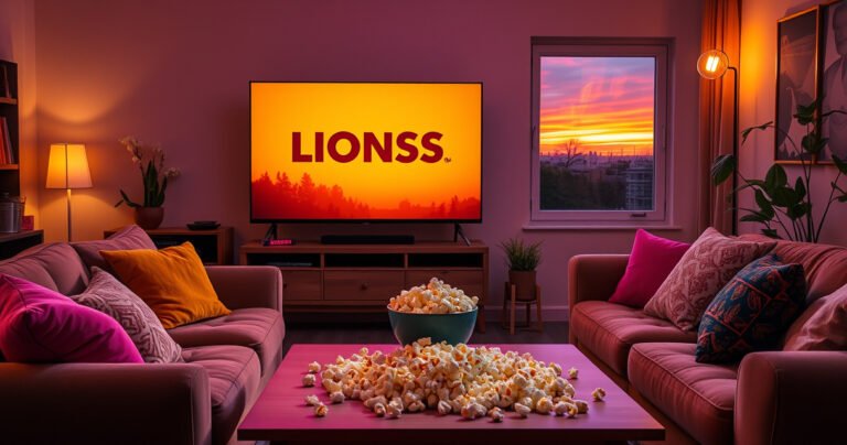 A cozy living room scene featuring a plush sofa adorned with vibrant cushions, a large flat-screen TV displaying the Lioness TV series logo, warm ambient lighting, popcorn scattered on a coffee table, and a window showing a sunset outside, creating an inviting atmosphere perfect for binge-watching the new season.