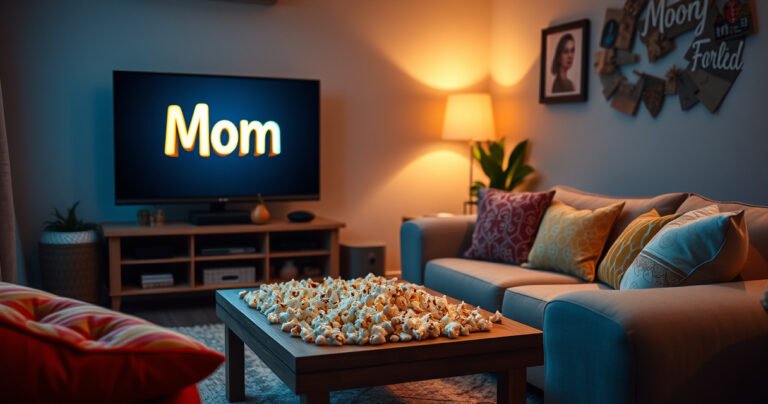 A cozy living room scene featuring a comfortable sofa adorned with colorful cushions, a large flat-screen TV displaying the title "Mom" in bold letters, popcorn scattered on the coffee table, and warm ambient lighting creating a welcoming atmosphere, inviting viewers to settle in for a binge-watching experience with family and friends.