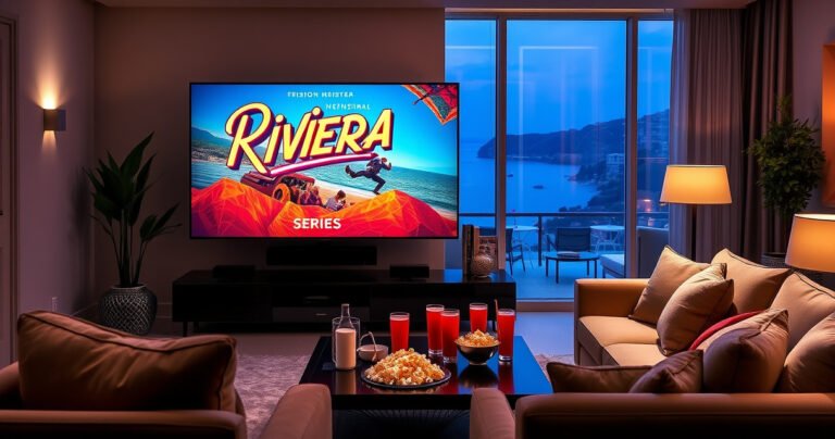 A stylish living room with a large flat-screen TV displaying the vibrant Riviera series poster. Elegant decor featuring plush sofas, a coffee table with popcorn and drinks, and soft ambient lighting. In the background, a window shows a glimpse of a luxurious French Riviera landscape, evoking a sense of glamour and intrigue.