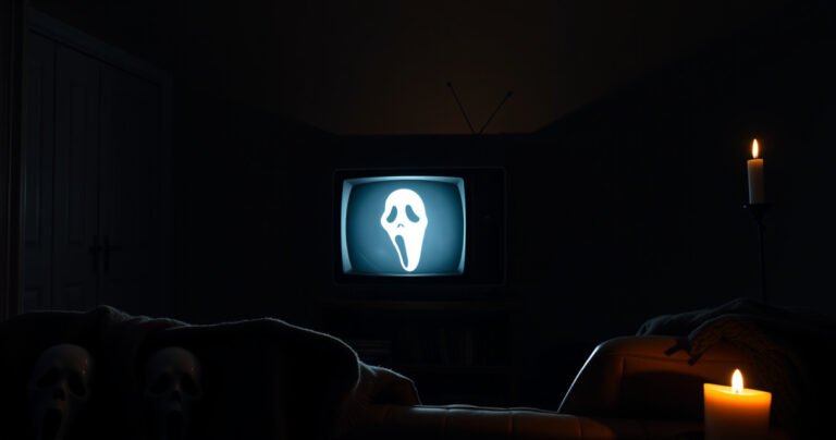 A dimly lit living room with a vintage TV displaying the eerie "Scream" logo, surrounded by popcorn and ghostface masks. Shadows dance on the walls, hinting at suspense, while a cozy blanket lies draped over a couch. A flickering candle adds to the chilling atmosphere, inviting viewers to immerse themselves in the horror.