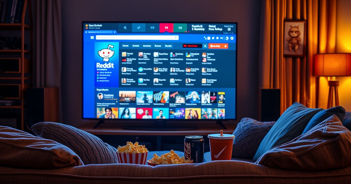 A cozy living room scene with a large screen displaying a vibrant Reddit interface, colorful usernames and icons popping up. Surrounding the screen are snacks like popcorn and soda, with a soft, inviting couch and warm lighting, creating an atmosphere of leisure and excitement for binge-watching TV shows.