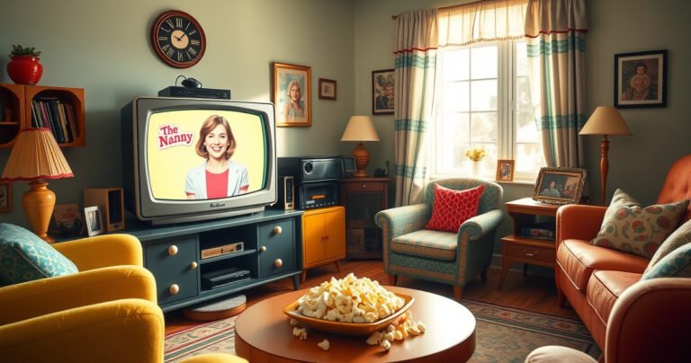 A cozy living room with a vintage TV showing "The Nanny," featuring Fran Drescher in her iconic style. Bright colors, quirky furniture, and playful decor evoke nostalgia. A plate of popcorn sits on a coffee table, surrounded by classic sitcom memorabilia, while sunlight streams through a window, casting warm rays on the inviting scene.