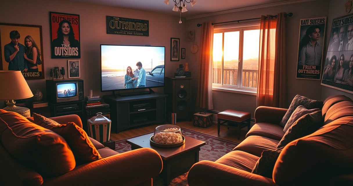 A cozy living room filled with retro 80s memorabilia, a vintage TV set displaying a scene from "The Outsiders," plush sofas, popcorn bowls, and warm lighting create an inviting atmosphere. Posters of iconic characters adorn the walls, and a window shows a sunset casting a nostalgic glow, inviting viewers into a world of friendship and rebellion.