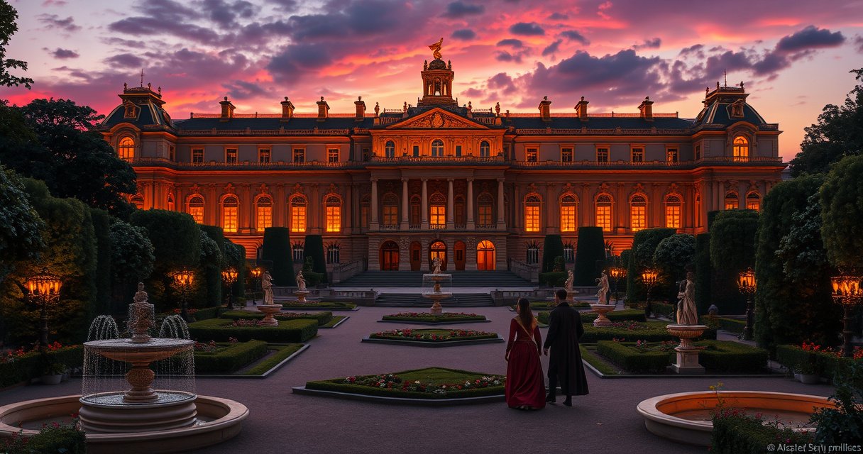 A grand, opulent palace exterior at dusk, illuminated by golden lights. Lush gardens surround the building, with intricate fountains and statues. Richly dressed figures from the 17th century stroll through the pathways, discussing intrigue and power. The sky is painted in hues of purple and orange, hinting at the drama within.