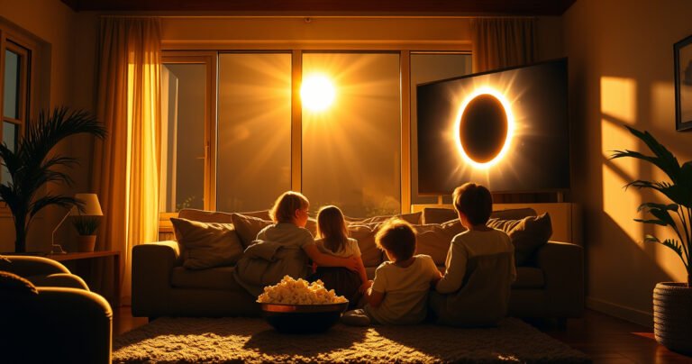 A cozy living room bathed in warm sunlight, with a large window revealing a darkening sky as a solar eclipse begins. A family sits together on a plush sofa, eyes wide in wonder, popcorn bowls beside them. A glowing screen displays vibrant footage of the eclipse, while soft shadows dance on the walls, creating an inviting atmosphere.
