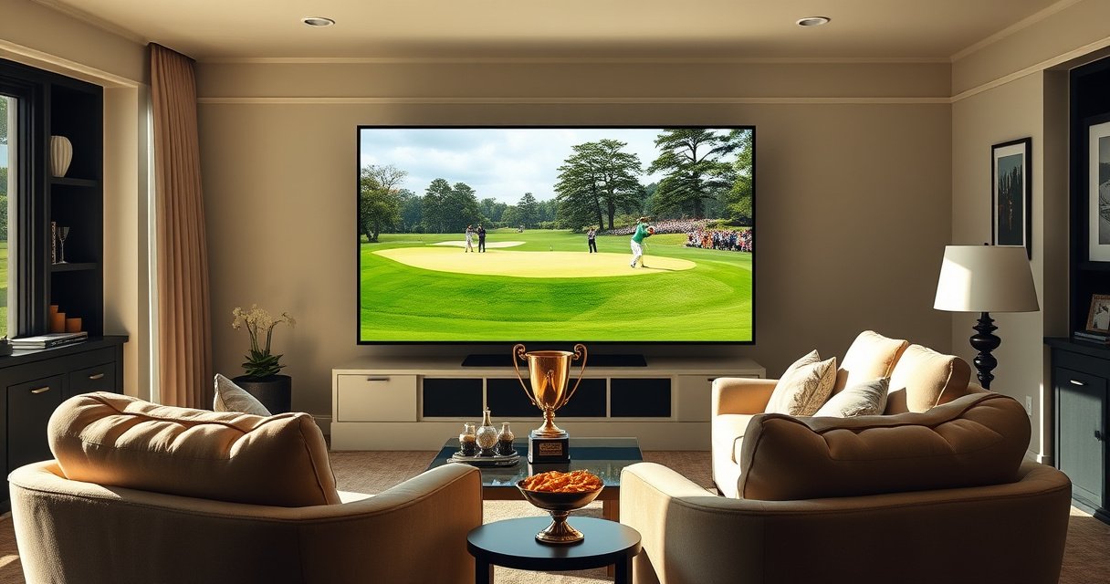 A luxurious living room with a large flat-screen TV showcasing a vibrant Masters Tournament scene, green golf course, and players in iconic attire. Sunlight streams through a window, illuminating plush armchairs, a coffee table with snacks, and a golf trophy displayed proudly. The atmosphere is relaxed yet excited, ready for a thrilling viewing experience.