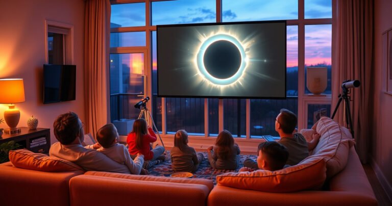 A cozy living room bathed in soft, warm light, with a large screen displaying a stunning solar eclipse. Family members gather on a plush sofa, eyes wide with wonder, snacks scattered around. Outside the window, a twilight sky hints at the celestial event, while a telescope stands ready on the balcony, capturing the magic.
