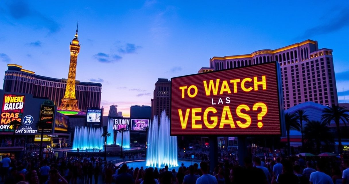 A vibrant Las Vegas skyline at dusk, with neon lights illuminating iconic landmarks like the Strip and the Bellagio fountains, surrounded by a lively crowd enjoying the nightlife, while a large digital screen displays "Where to Watch Las Vegas?" in bold, colorful letters, evoking excitement and anticipation for the show's fans.