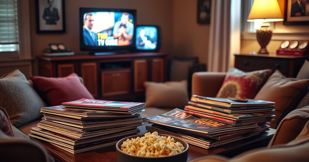 A nostalgic scene of a cozy living room with a vintage coffee table piled high with colorful TV Guide magazines, a flickering television in the background showing classic shows, warm ambient lighting creating a welcoming atmosphere, surrounded by plush cushions and a bowl of popcorn, evoking a sense of comfort and timeless entertainment.