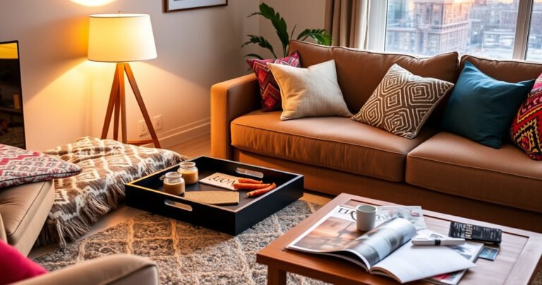A cozy living room scene showcasing a stylish TV tray set beside a plush sofa, adorned with snacks and a remote, a warm glow from a nearby lamp, vibrant throw pillows scattered around, a coffee table filled with magazines, and a window revealing a sunset, inviting a sense of comfort and convenience in home shopping.