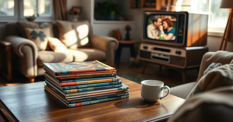 A cozy living room scene with a vintage-style wooden coffee table adorned with a stack of colorful TV guides, a steaming cup of coffee beside them. Soft sunlight streams through a window, illuminating a plush sofa with patterned cushions, while a retro television in the corner displays a classic show, evoking nostalgia and comfort.