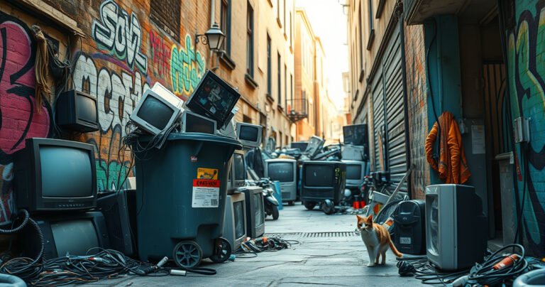 A cluttered urban alley filled with discarded electronics, including old TVs, surrounded by vibrant graffiti art. A recycling bin stands prominently, overflowing with cables and screens, while a curious cat investigates the scene. Soft sunlight filters through nearby buildings, illuminating the contrast between waste and creativity, evoking a sense of responsibility towards e-waste disposal.