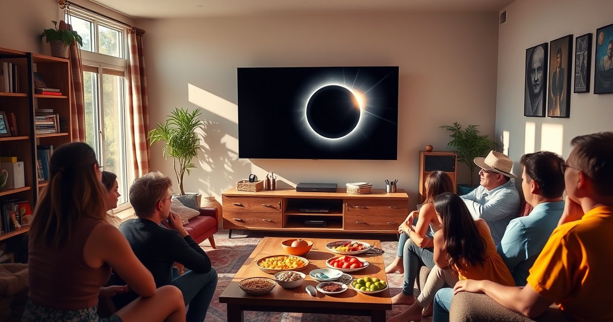 A cozy living room filled with excited viewers gathered around a large TV, the screen displaying a stunning solar eclipse, shadows of the moon crossing the sun, colorful snacks scattered on the table, warm sunlight streaming through the window, a digital clock showing countdown to the event, and a sense of anticipation in the air.