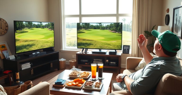 A cozy living room with a large flat-screen TV showcasing a vibrant golf course during the Masters tournament. Sunlight streams through the window, illuminating snacks and drinks on a coffee table, while a golf fan in a green cap cheers excitedly, surrounded by memorabilia and a view of lush green fairways outside.