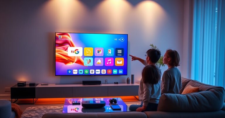 A sleek Samsung TV displaying a vibrant smart hub interface, illuminated with colorful app icons on a modern living room wall. Soft ambient lighting highlights a cozy sofa and a stylish coffee table, while a curious user points at the screen, surrounded by tech gadgets. The atmosphere is inviting, showcasing contemporary home entertainment.