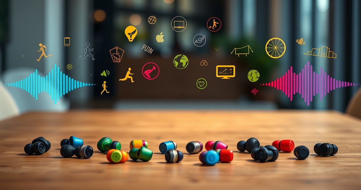 A sleek array of vibrant Jabra earbuds displayed on a stylish wooden table, surrounded by colorful sound waves and icons symbolizing diverse activities like running, working, and traveling. Soft lighting creates a modern, inviting atmosphere, emphasizing the earbuds' elegant design and versatility, while a faint blurred background hints at an urban lifestyle.