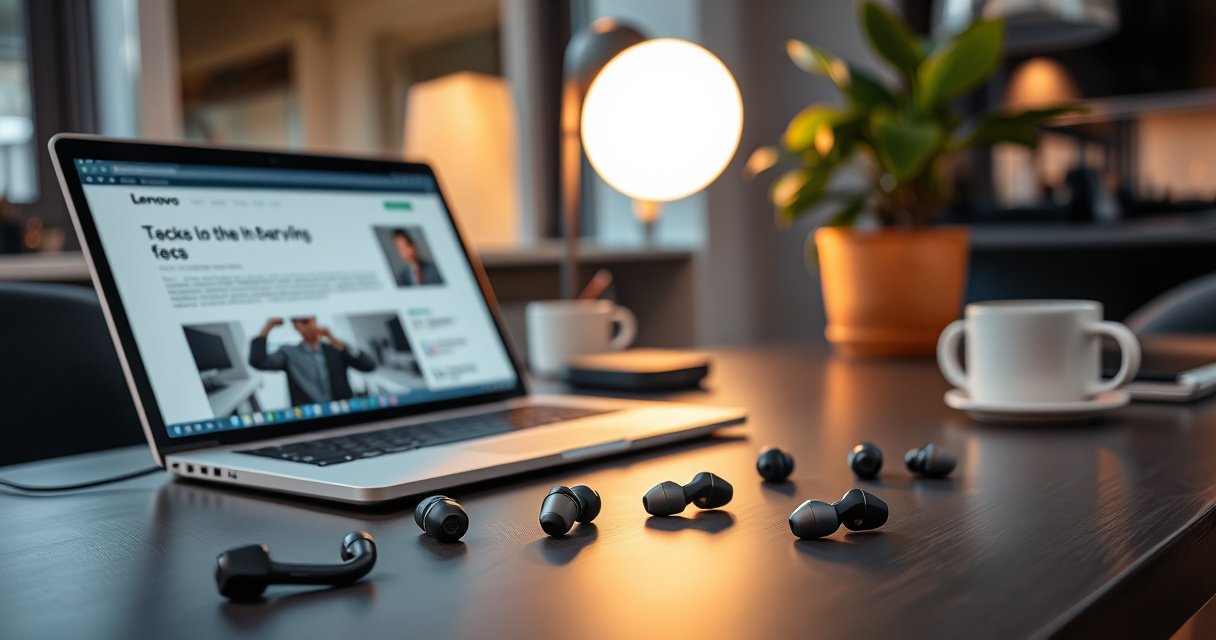 A sleek modern workspace featuring various Lenovo earbuds displayed on a stylish desk. Bright ambient lighting highlights the earbuds' design, with a laptop open to a tech article. In the background, a cozy plant and coffee cup enhance the inviting atmosphere, emphasizing a blend of productivity and comfort in tech.