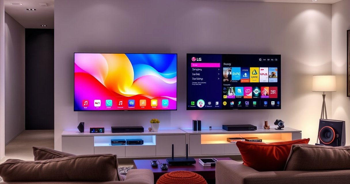 A sleek living room with a modern Samsung and LG smart TV side by side on a stylish entertainment unit, vibrant colors illuminating the screens displaying their unique interfaces. Soft ambient lighting creates a cozy atmosphere, while a colorful array of gadgets and plush seating invites viewers to explore the ultimate home entertainment experience.