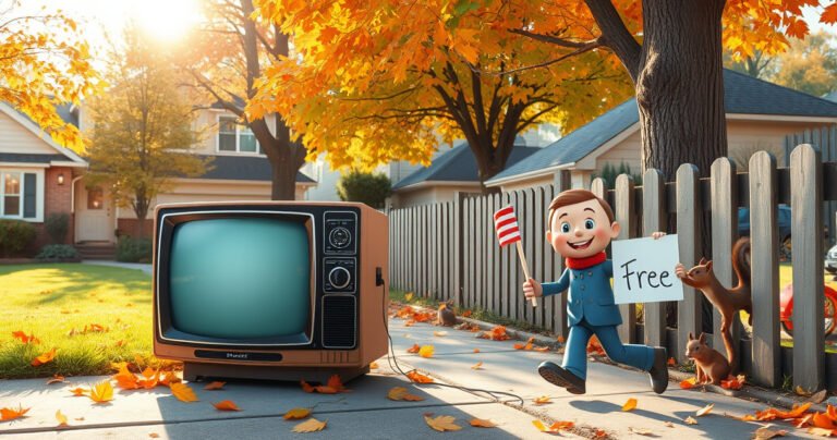 An inviting suburban scene featuring a cheerful neighborhood with a vintage television set on the curb, surrounded by colorful autumn leaves. A friendly neighbor approaches, smiling, carrying a "Free" sign. Sunlight filters through trees, creating a warm, hopeful atmosphere, while curious squirrels peek from behind a nearby fence.