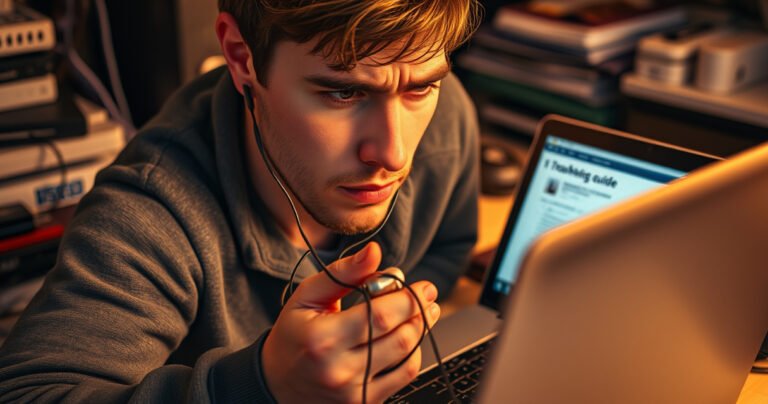 A close-up of a frustrated person examining tangled earbuds in a cluttered workspace, surrounded by chargers and devices. Soft, warm lighting highlights the confusion on their face while an open laptop displays a troubleshooting guide. The scene conveys urgency and the quest for resolution amidst the chaos of technology.