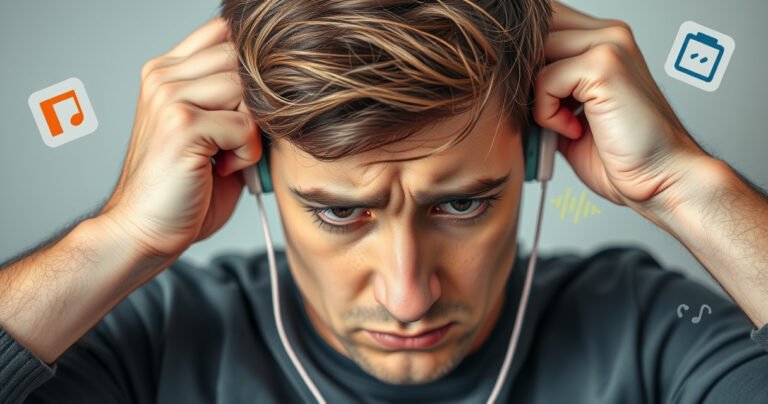 A close-up of a frustrated person adjusting tangled earbuds, surrounded by colorful sound waves visualizing muffled audio. In the background, faint illustrations of common causes like dust, low battery, and broken wires, all in a bright, engaging style, evoking a sense of discovery and problem-solving.