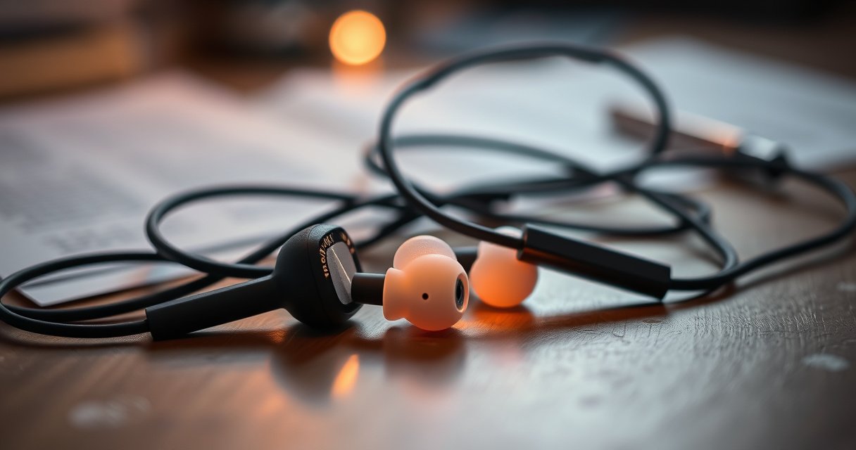 A close-up of a tangled pair of earbuds resting on a wooden table, one earbud glowing softly to symbolize sound, while the other lies in shadow, surrounded by scattered notes on audio troubleshooting, with a subtle bokeh effect capturing the warm ambiance of a cozy study.