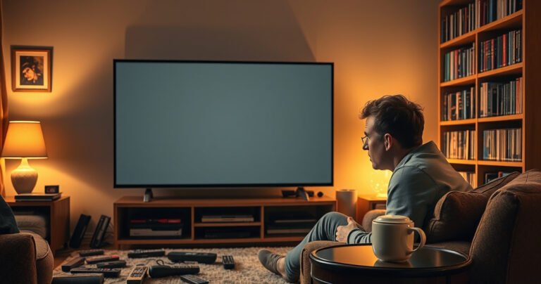 A cozy living room with a large, muted television screen surrounded by scattered remote controls and a puzzled person leaning forward, straining to listen. Soft lighting casts a warm glow, highlighting a bookshelf filled with DVDs and a steaming cup of tea on a side table, evoking a sense of frustration and comfort.