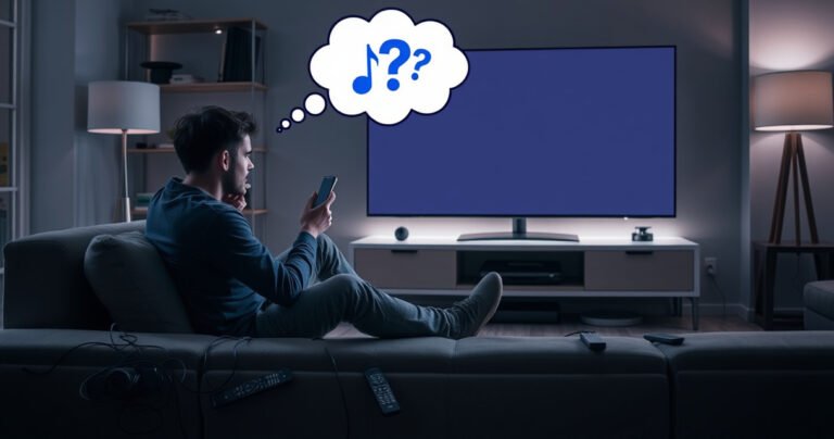 A frustrated person sitting on a modern couch, holding a smartphone, staring at a blank Samsung TV screen. Surrounding them are scattered remote controls and tangled cables, with a dimly lit living room showcasing a stylish decor. A thought bubble appears above their head with the AirPlay logo and question marks, emphasizing confusion and urgency.