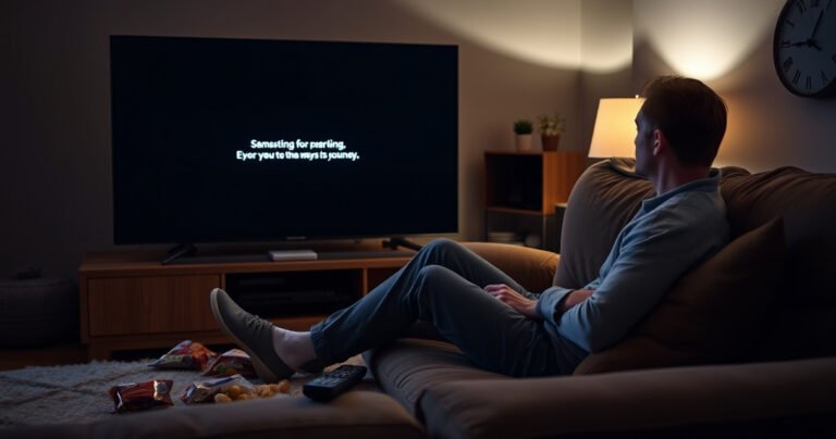 A frustrated person sitting on a cozy couch, staring at a dark Samsung TV screen displaying an error message. Surrounding them, snacks and a remote control lie scattered. Dim lighting creates a warm atmosphere, while a wall clock ticks in the background, hinting at the passage of time during their troubleshooting journey.
