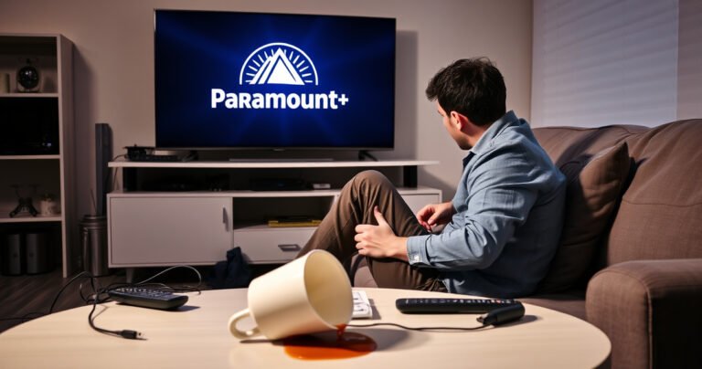 A frustrated person sitting on a modern sofa, staring at a Samsung TV displaying the Paramount Plus logo, surrounded by tangled cables and remote controls, with a coffee cup tipped over on the table, spilling its contents, soft lighting creating a cozy yet chaotic atmosphere, hinting at technology troubles and confusion.