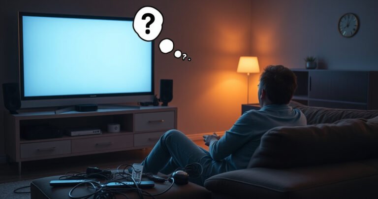 A frustrated person sitting on a couch, surrounded by remote controls and tangled cables, staring at a blank TV screen. The room is dimly lit, with a glowing Apple TV device on a shelf. A thought bubble with question marks hovers above their head, illustrating confusion and the struggle of technology troubleshooting.